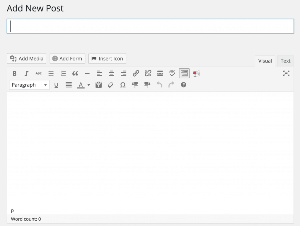 Blank WordPress blog post. Word count zero.