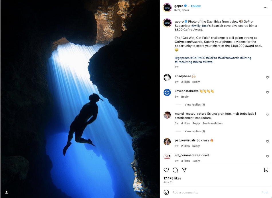 An Instagram post shows from GoPro shows a beautiful photo of a figure swimming between rock formations, with complimentary comments in a column to the right.