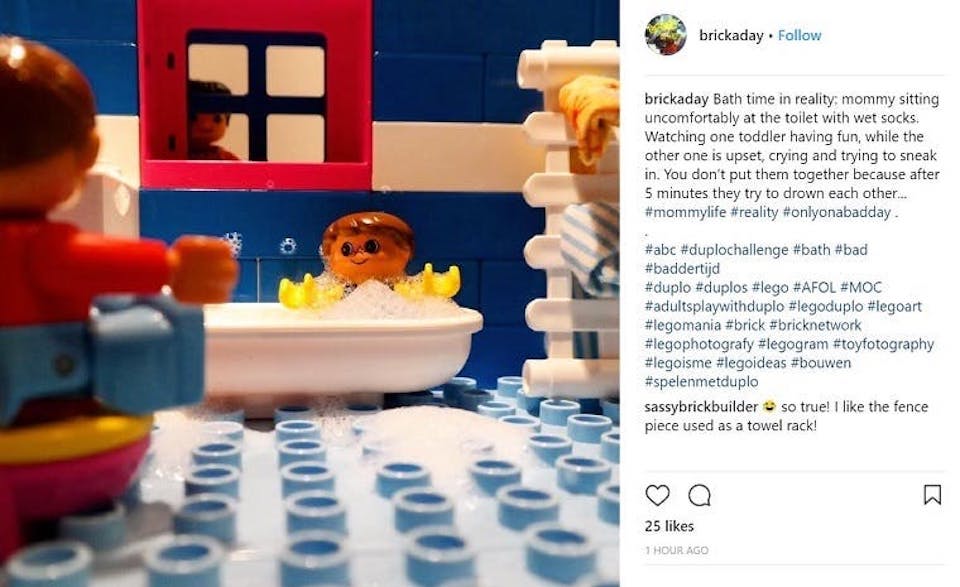 A user posts a photo in their Instagram account of their Lego duplo block challenge entry which depicts a scene that involves a mother trying to give her toddler a bath.