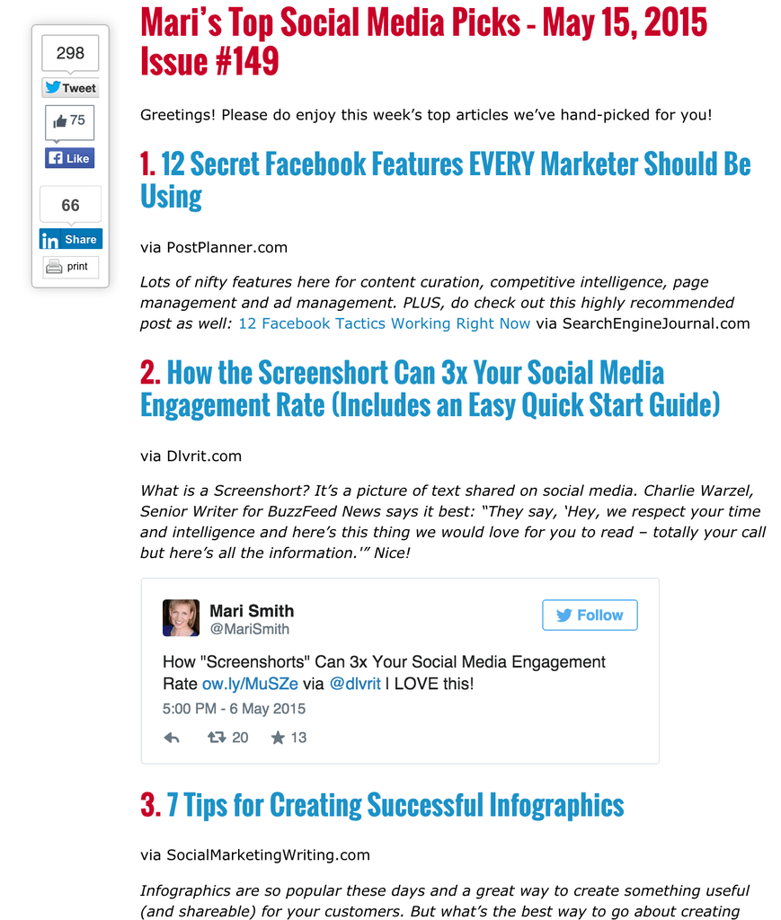 Example of Mari Smith's Roundup Blog Post: Top Social Media Picks – May 15, 2015 Issue #149