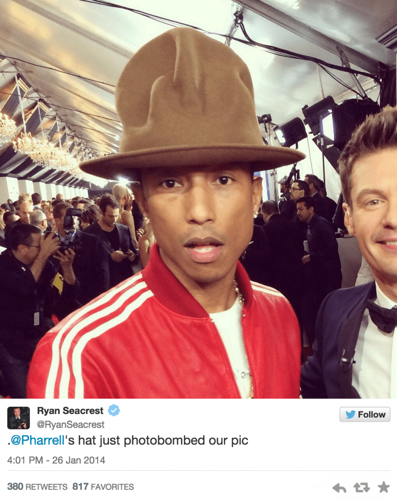 Pharrell hat photobomb at the Grammys January 2014