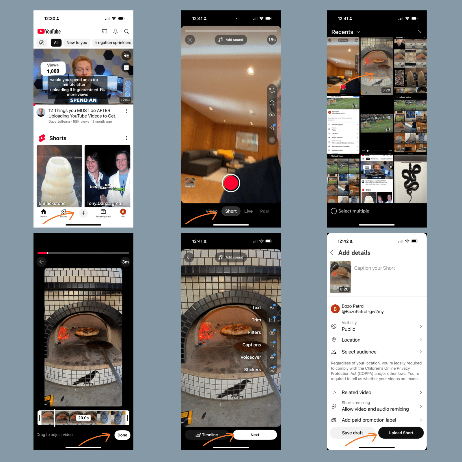 Screenshots of steps to upload a YouTube Short