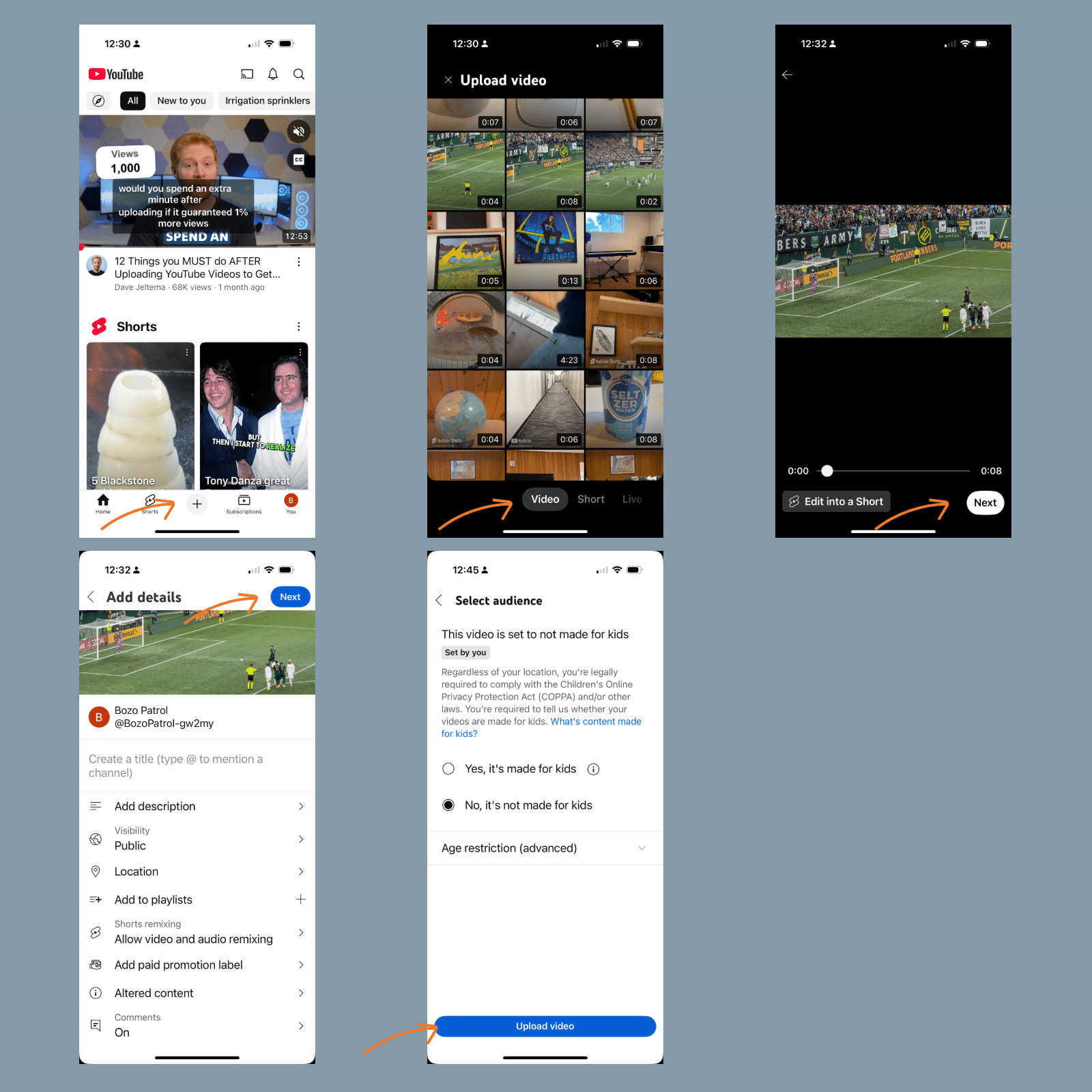 Screenshots of steps to upload a YouTube video