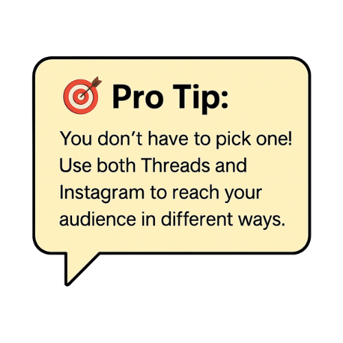 Pro tip graphic recommending users to use both Threads and Instagram to reach their audience in different ways.