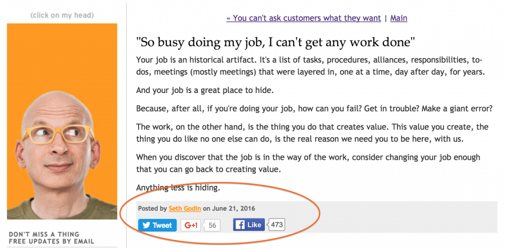 Example of Seth Godin's use of social media icons at the bottom of the post