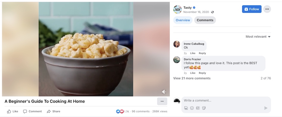 A still from an instagram video post shows a bowl of macaroni and cheese with a column of comments on the right