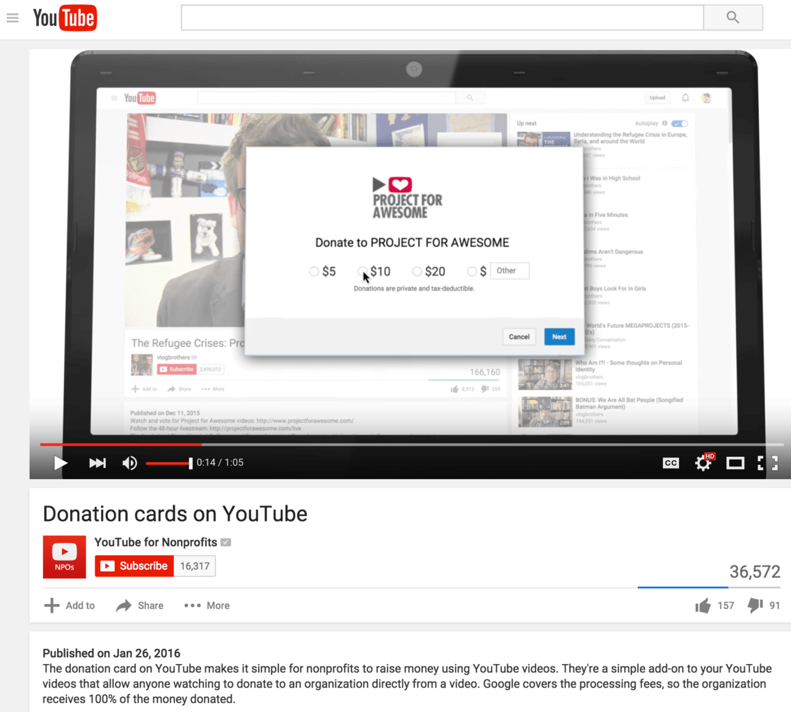 Donation cards on YouTube