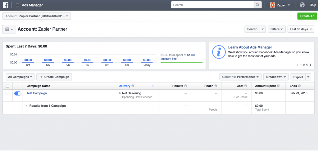 Zapier Facebook Lead Ads Integration step 1