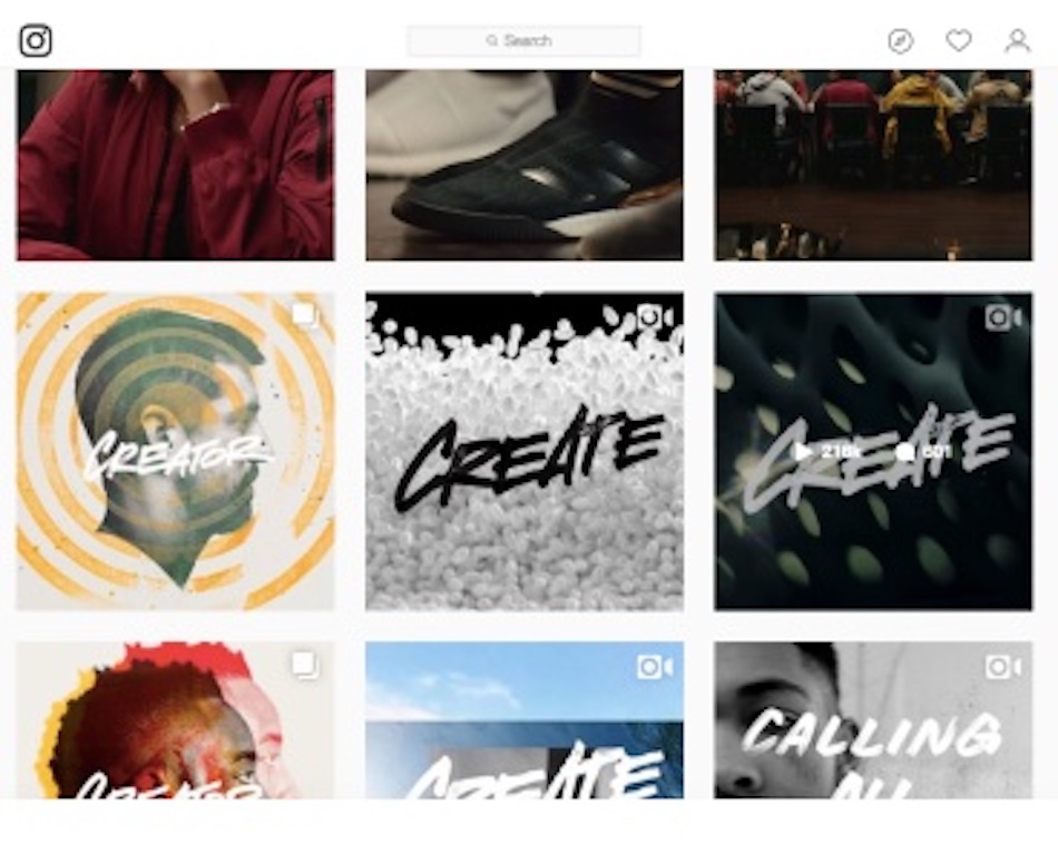 An array of 9 artistic photos in the Instagram photos as part of Adidas brand community-building Here to Create hashtag