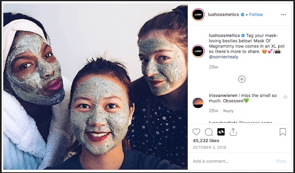 A photo of three women in facial masks in a photo in a brand community-building Instagram post by Lush Cosmetics.