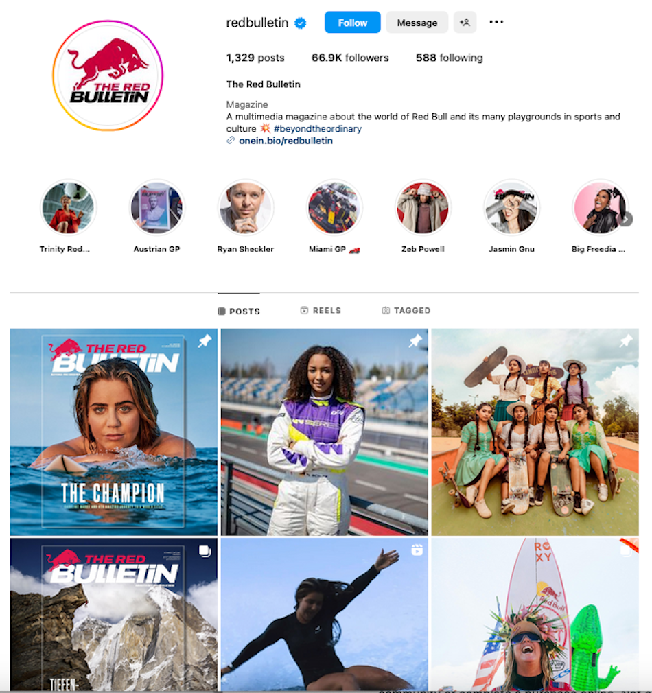 An array of six user-created photos of women athletes in surfing, racing, skateboarding and climbing within an Instagram account for The Red Bulletin, Red Bull’s brand community in social media.