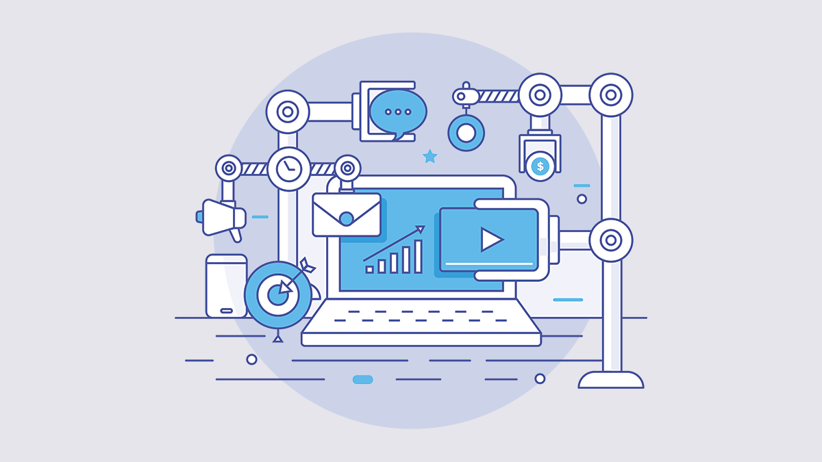 Illustrated mechanical representation shows automation working with a laptop to send emails, diagram growth, press play, send messages, hit targets and work together.