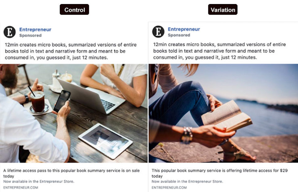 Two illustrated social media posts--one labelled Control, the other Variation--from a company called Entrepreneur are shown as an example of Ay Bee testing of social media content in pursuit of social media Key Performance Indicators or kay pee eyes.