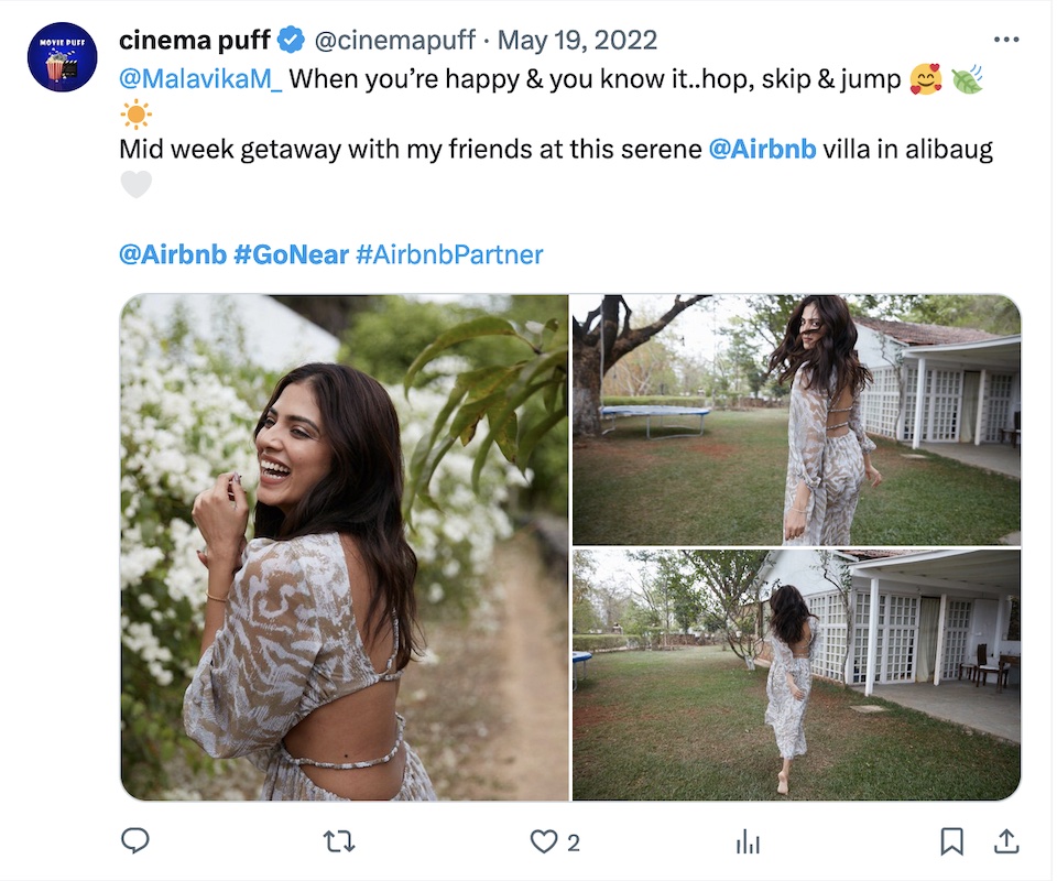 Three photos illustrate a female user on X celebrating a nearby getaway as part of Air bee en beez hashtag entitled go near. 