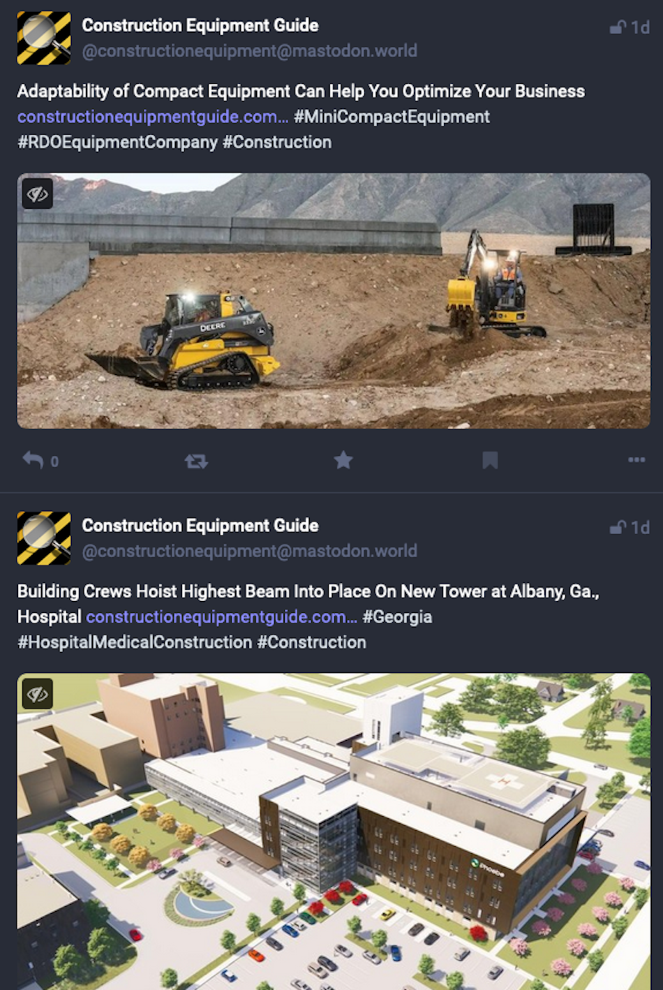 Two posts on the social media platform Mastodon show industry news outlet Construction Equipment Guide promoting news stories from their site.