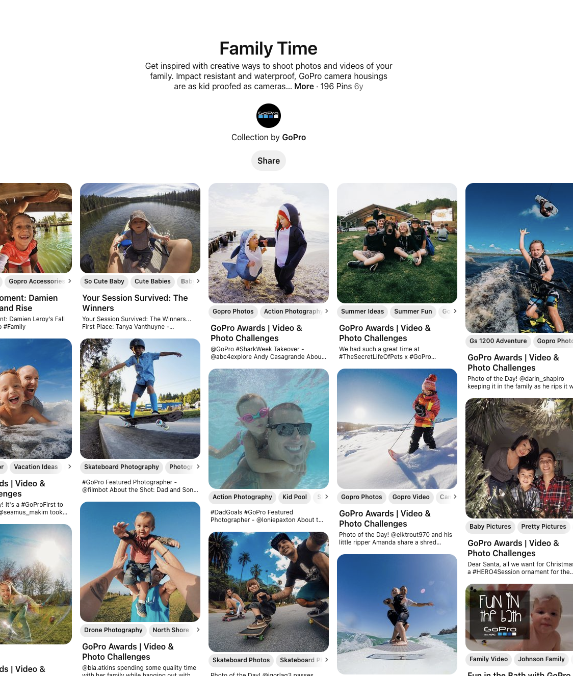 The Family Time page in GoPro's corporate Pinterest account features dozens of user-submitted photos of families on adventures in various outdoor settings.