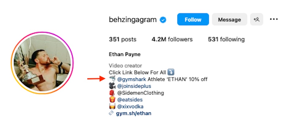 An instagram header for fitness trainer Ethan Payne includes a link to his sponsored shopping page on the Gymshark website.