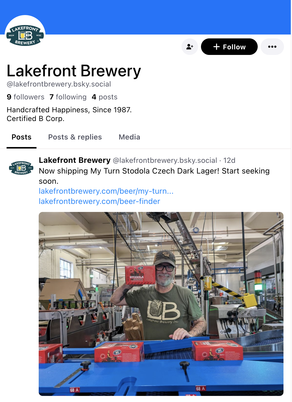 A post on Lakefront Brewery's Bluesky account promotes a new lager with a picture of a worker in the company's factory. 