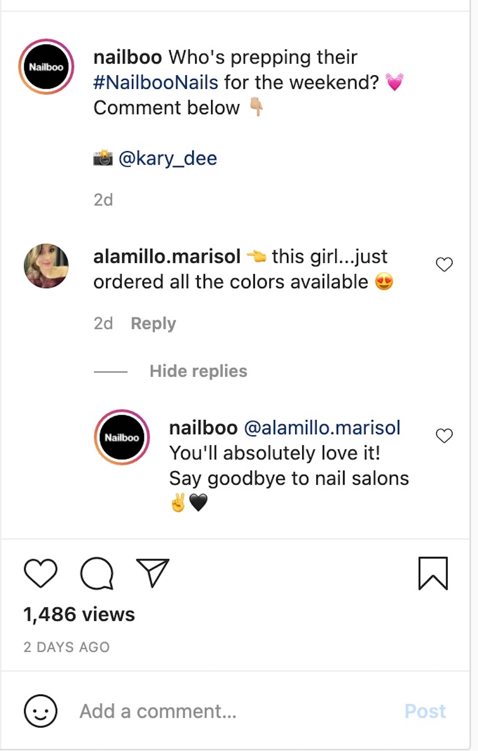 The nail product company Nailboo is represented interacting with a commenter on a post on its Instagram account. 