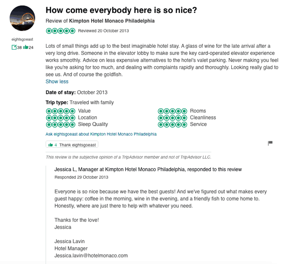 A 1 paragraph review on the Trip Advisor travel platform is headlined how come everybody here is so nice 