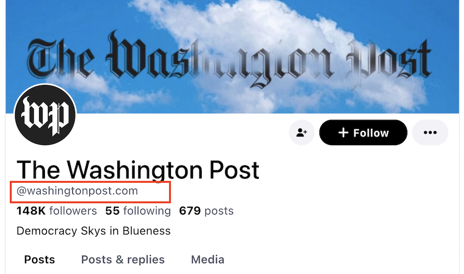 The Washington Post profile on the bluesky social platform features a banner, logo, follow button, follower and post numbers and a custom domain username of at washington post dot com