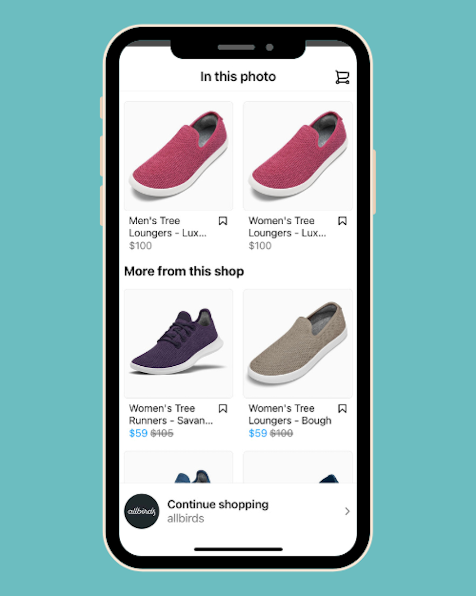 Shoe retailer Allbirds presents photos of shoe styles in its Instagram shop page.